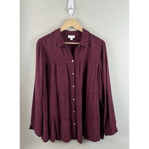 J. Jill Women's Sz Lg Long Sleeve Tiered Button Down Shirt Red Oversized